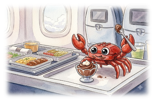 Crabby on a plane tray table, helping himself to a chocolate mousse
