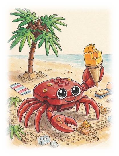 Crabby the Lego crab triumphantly holding a mango ice cream cone