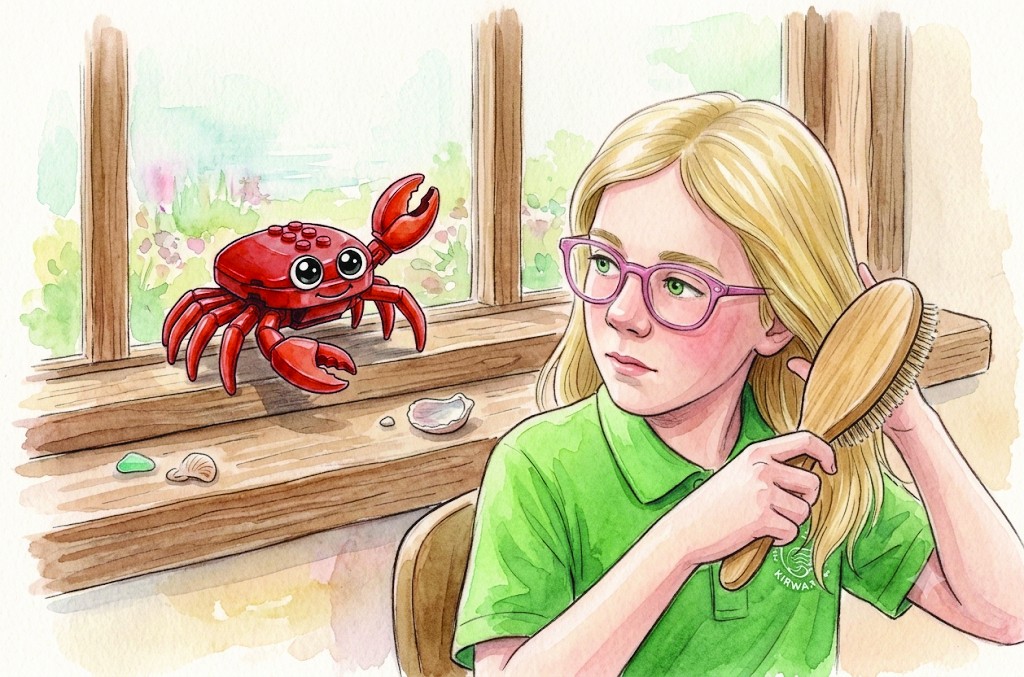 Crabby the Lego crab watching Sofia brush her hair