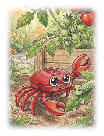 Crabby the Lego crab in the garden bed, meeting Wiggles the green caterpillar under the tomato plants