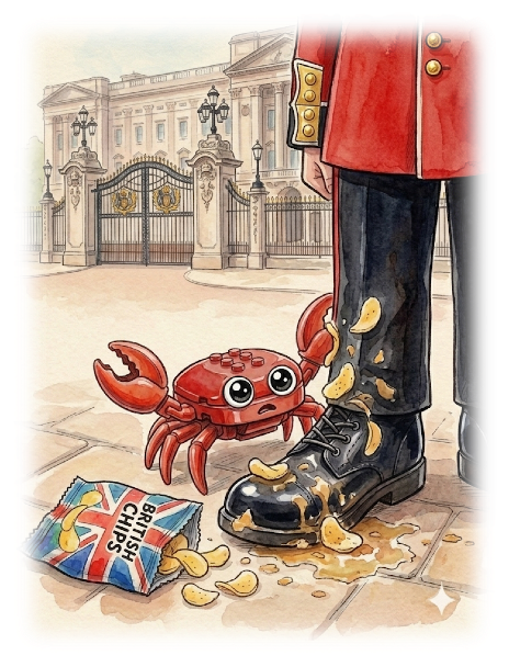 Crabby beside a guard's shiny black boot, with salty chips spilled everywhere