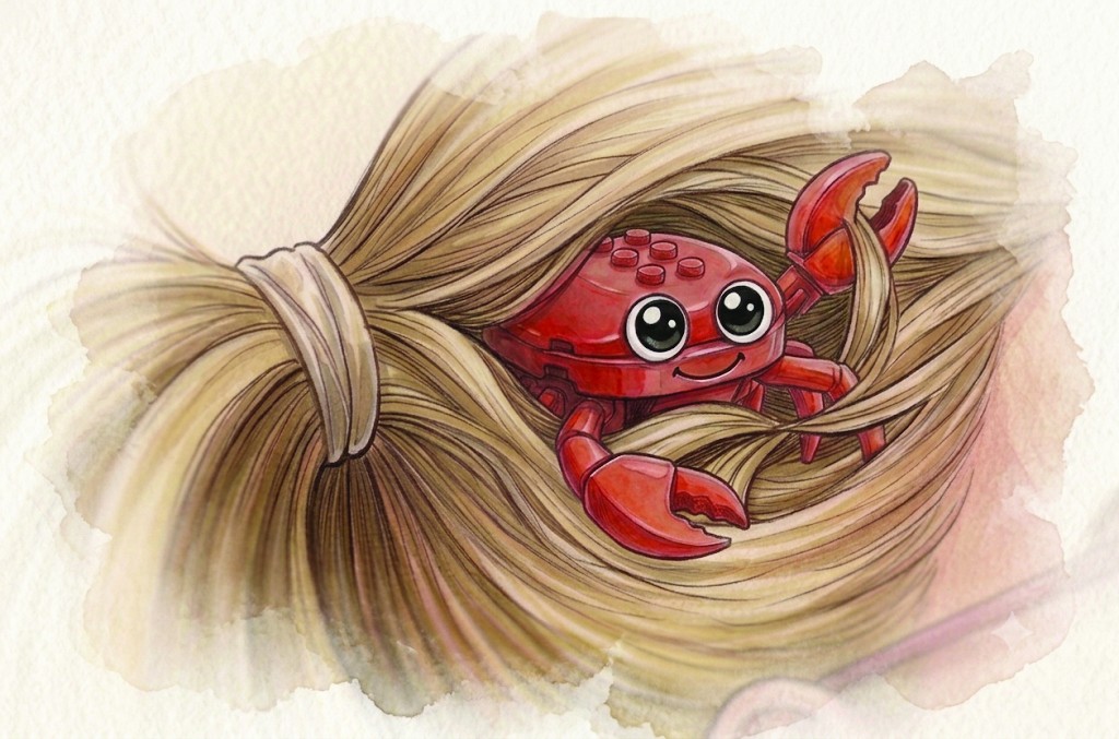 Crabby the Lego crab nestled snugly inside Sofia's tied-up ponytail