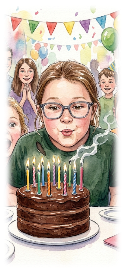 Emma blowing out the ten candles on her chocolate birthday cake