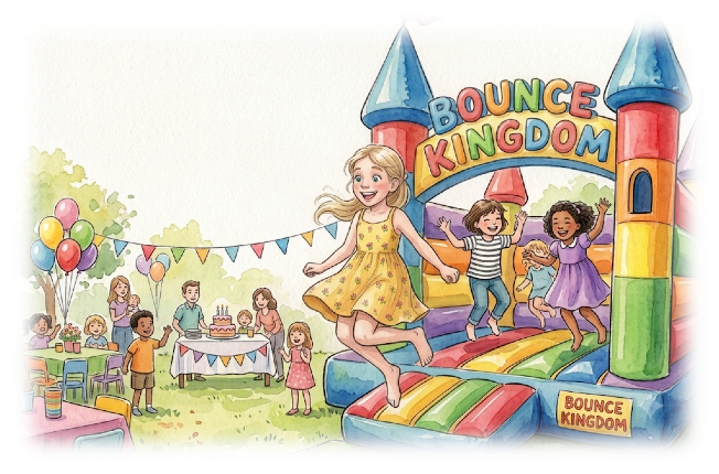 Sofia jumping onto the Bounce Kingdom jumping castle at Emma's birthday party