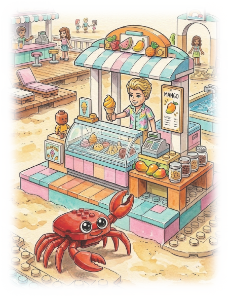 Crabby the Lego crab approaching a beach ice cream stall, run by a Lego man, with a sign reading MANGO