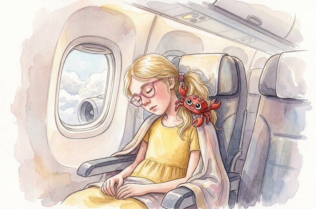 Sofia asleep by the plane window, with Crabby peeking out of her ponytail
