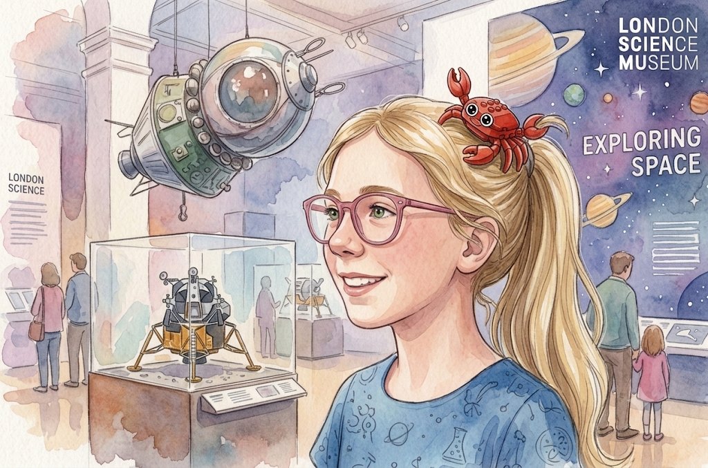 Sofia in the Exploring Space gallery at the London Science Museum, with Crabby in her ponytail