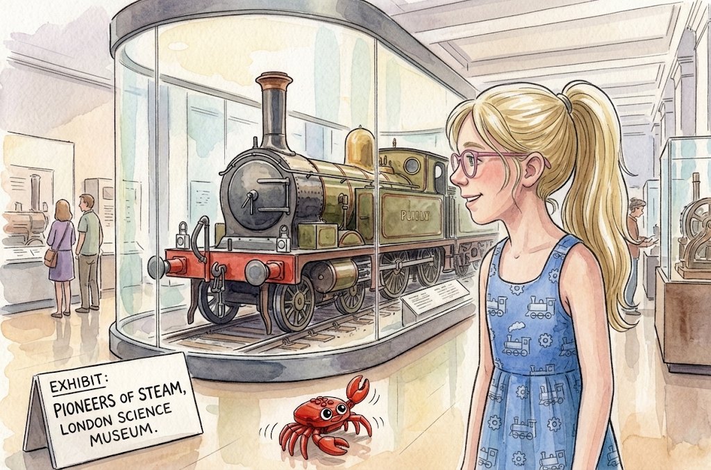 Sofia looking at Stephenson's Rocket steam train, while Crabby scuttles near the exhibit sign