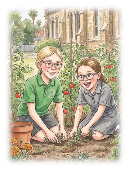 Sofia and Emma kneeling in the school garden, weeding beside the tomato plants