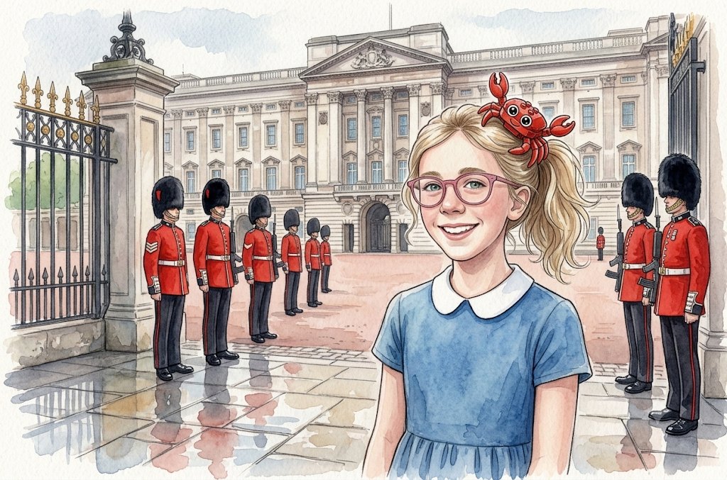 Sofia outside Buckingham Palace with the guards in red coats and tall black hats, Crabby in her ponytail