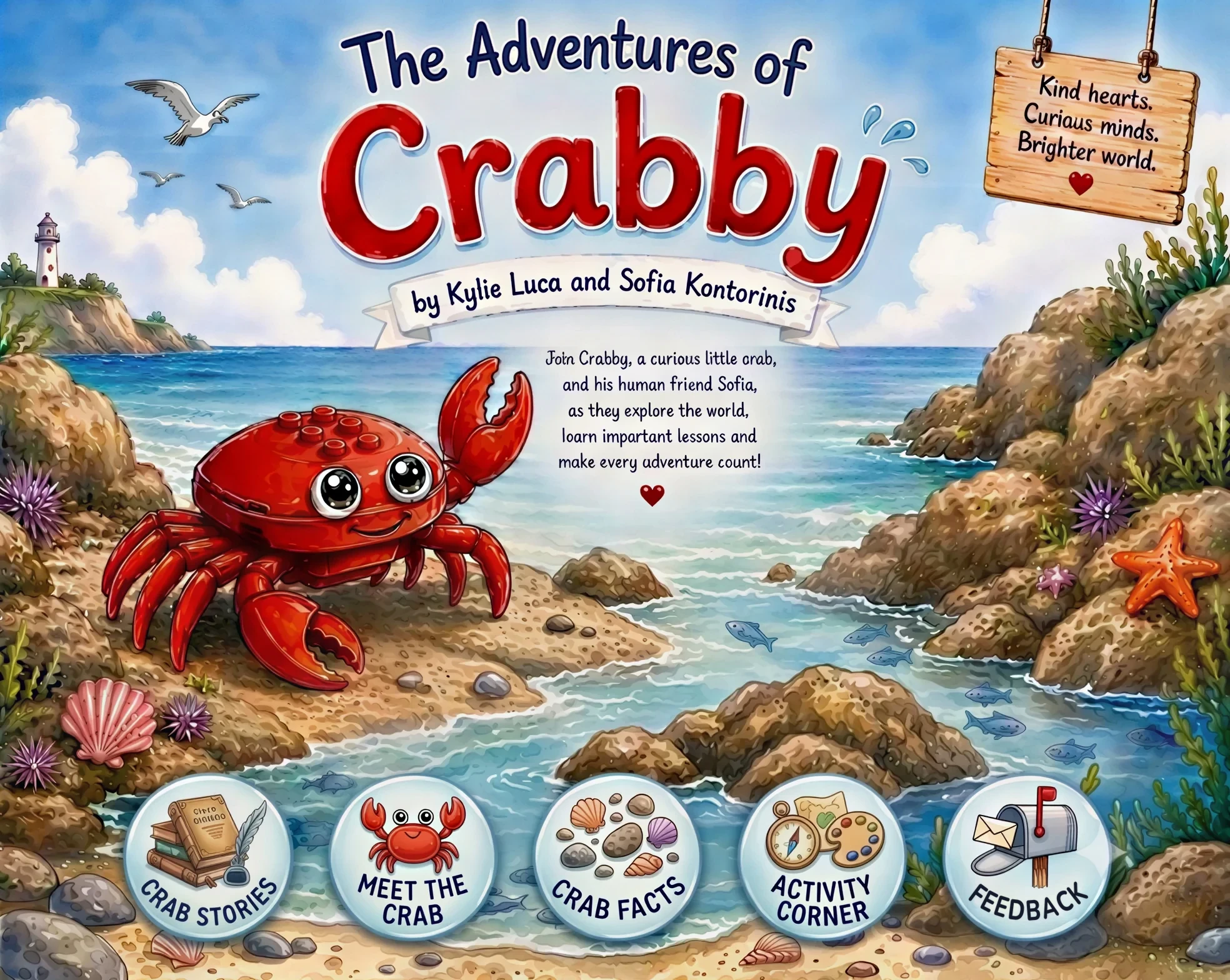 The Adventures of Crabby, by Kylie Luca and Sofia Kontorinis — a cheerful red crab on a rocky cove shoreline, with a lighthouse, seagulls, fish, and five buttons: Crab Stories, Meet the Crab, Crab Facts, Activity Corner and Feedback